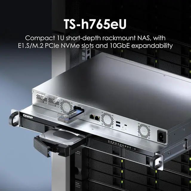 Alt view image 2 of 6 - QNAP TS-H765EU-8G-US 1U 4-bay  3.5" SATA + 3 x E1.S/PCIe M.2 2280 short depth 12" rackmount NAS, Intel Atom x7405C 4C