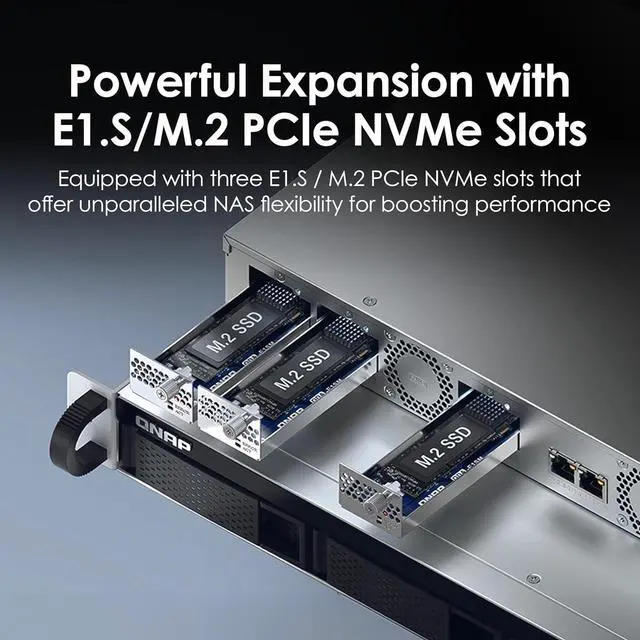 Alt view image 4 of 6 - QNAP TS-H765EU-8G-US 1U 4-bay  3.5" SATA + 3 x E1.S/PCIe M.2 2280 short depth 12" rackmount NAS, Intel Atom x7405C 4C