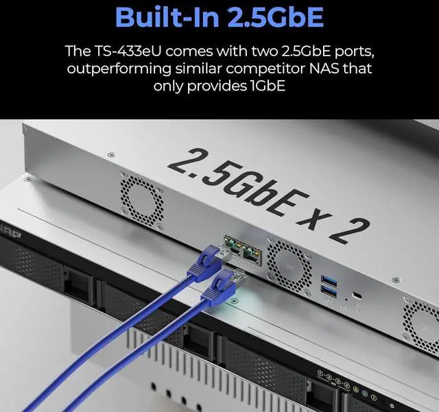 Alt view image 4 of 5 - QNAP TS-433EU-US 4-Bay short-depth 12" ARM Corten-A55 4C 2.0GHz NAS, Male-G52 GPU, 4GB DDR4 RAM, 2.5GbE & USB 3.2 Gen
