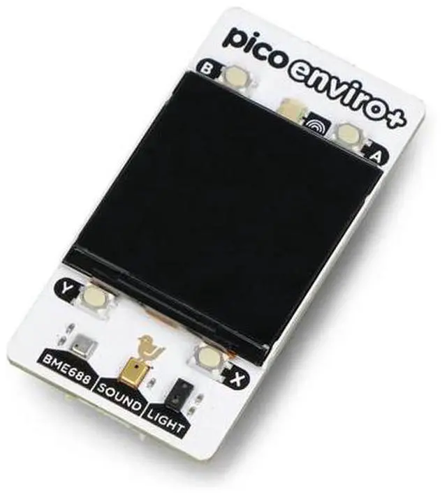 Main image of Pimoroni PIM635 Enviro+ Pack add-on for Raspberry Pi Pico and Pico W. It has a built-in colour 1.54" LCD screen