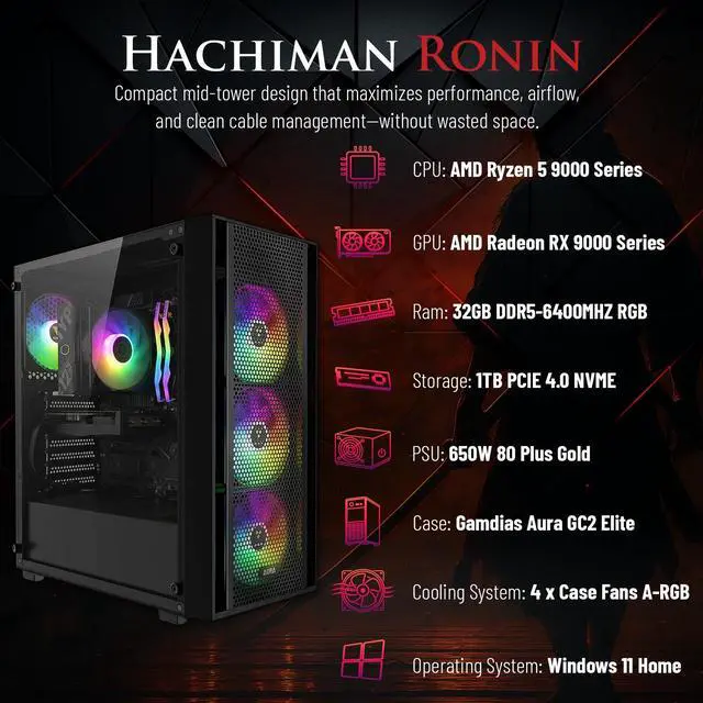 Alt view image 2 of 7 - Hachiman PC Ronin Gaming PC, AMD Ryzen 5 9600X, Radeon RX 9060XT 16GB, 32GB DDR5 6400MHz RGB, 1TB Gen4 NVMe SSD, Wi-Fi 6, Windows 11 Home, Desktop Computer