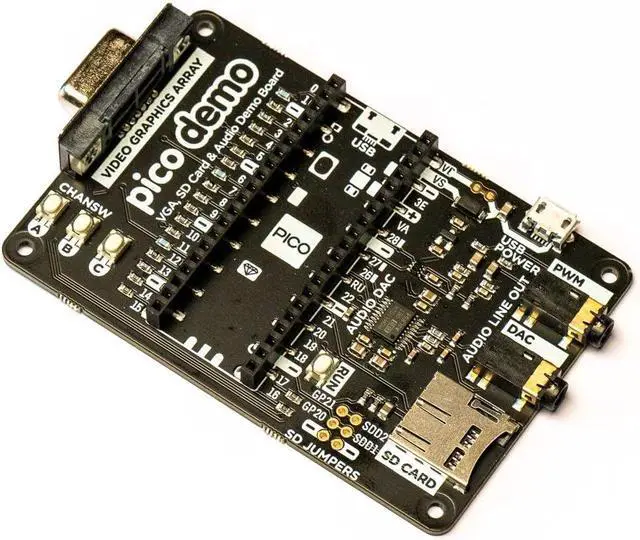 Main image of Pimoroni PIM465 Pico VGA Demo Base RP2040 chip on the Raspberry Pi Pico ,VGA output, an SD card slot, digital I2S audio