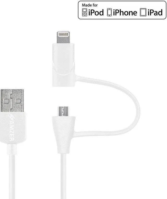 Main image of Amzer MFi Certified Lightning to Micro USB Sync & Charge Cable (3.2 Feet/ 1 Meter) - White