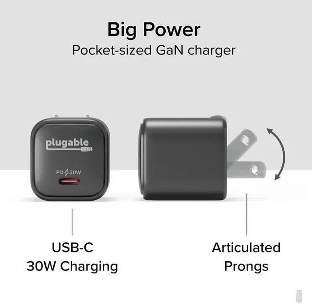 Alt view image 2 of 7 - Plugable GaN USB C Charger Block, 30W Portable Charger, Foldable Prongs, PPS USBC Fast Charger for iPhone 14, iPad Pro, Samsung Galaxy S23 and more (Cable Not Included) - Black