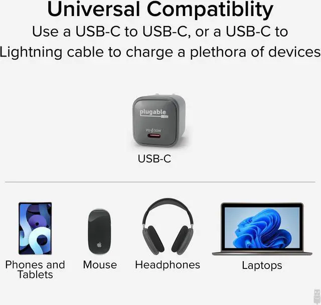 Alt view image 3 of 7 - Plugable GaN USB C Charger Block, 30W Portable Charger, Foldable Prongs, PPS USBC Fast Charger for iPhone 14, iPad Pro, Samsung Galaxy S23 and more (Cable Not Included) - Black