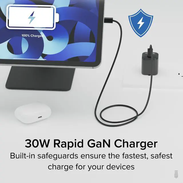 Alt view image 4 of 7 - Plugable GaN USB C Charger Block, 30W Portable Charger, Foldable Prongs, PPS USBC Fast Charger for iPhone 14, iPad Pro, Samsung Galaxy S23 and more (Cable Not Included) - Black