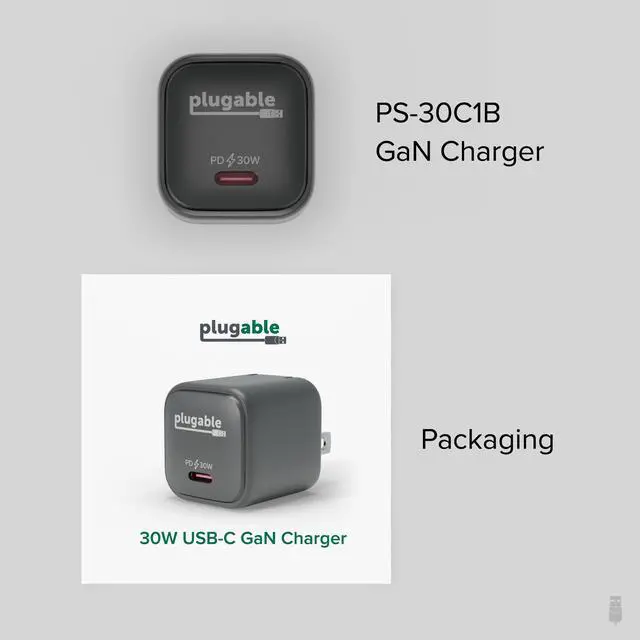 Alt view image 7 of 7 - Plugable GaN USB C Charger Block, 30W Portable Charger, Foldable Prongs, PPS USBC Fast Charger for iPhone 14, iPad Pro, Samsung Galaxy S23 and more (Cable Not Included) - Black