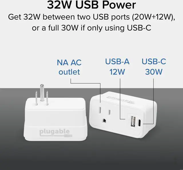 Alt view image 2 of 7 - Plugable Wall Outlet Extender with 1x USB-C and 1x USB, 32W USB C Charger Block, USBC Fast Charger for iPhone 13/14, Travel, Home, Office, Cruise Ship