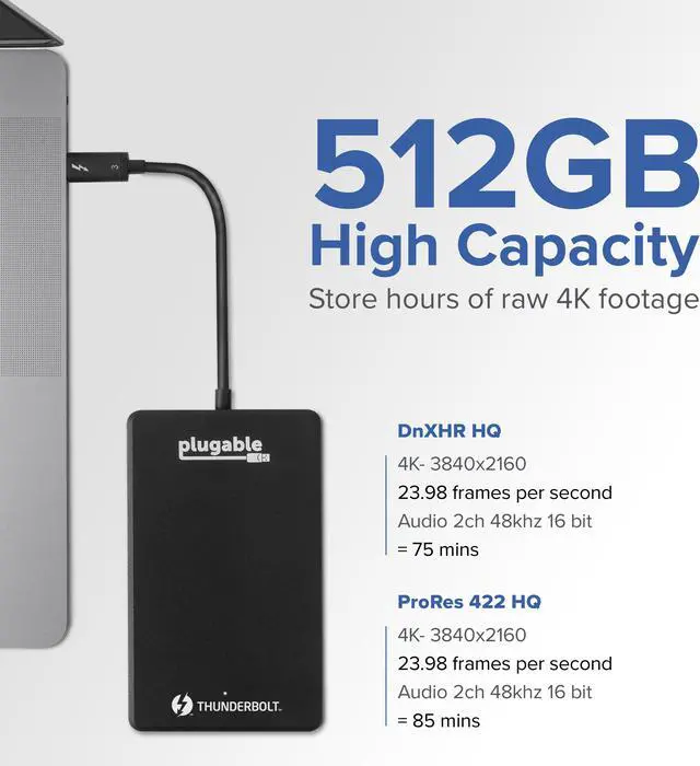 Alt view image 5 of 15 - Plugable 512GB Thunderbolt 3 External SSD NVMe Drive (Up to 2400MBs/1800MBs R/W)
