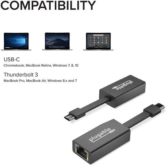 Alt view image 6 of 13 - Plugable USB C to Ethernet Adapter, Driverless Fast and Reliable Gigabit Speed, Thunderbolt 3 to Ethernet Adapter Compatible with Macbook Pro, Windows, macOS, iPhone 15, and ChromeOS