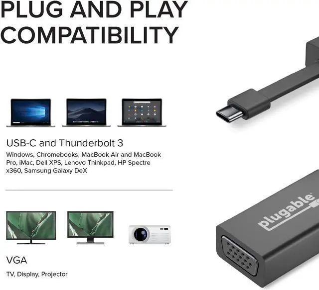 Alt view image 5 of 19 - Plugable USB C to VGA Adapter, Thunderbolt 3 to VGA Adapter Compatible with Macbook Pro, Windows, Chromebooks, 2018 iPad Pro, Dell XPS, and more (Supports resolutions up to 1920x1200 @ 60Hz)