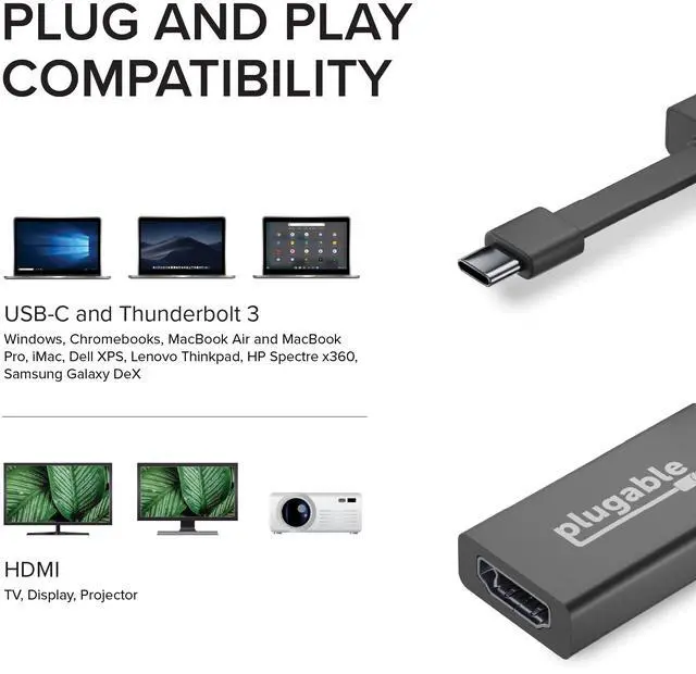 Alt view image 6 of 20 - Plugable USB C to HDMI Adapter 4K 30Hz, Thunderbolt 3 to HDMI Adapter Compatible with MacBook Pro, Windows, Chromebooks, 2018+ iPad Pro, Dell XPS, Thunderbolt 3 Ports and More