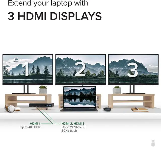 Alt view image 4 of 20 - Plugable USB C Triple Display Docking Station with Laptop Charging, Thunderbolt 3 or USB C Dock Compatible with Specific Windows and Mac Systems (3x HDMI, 6x USB Ports, 60W USB PD)