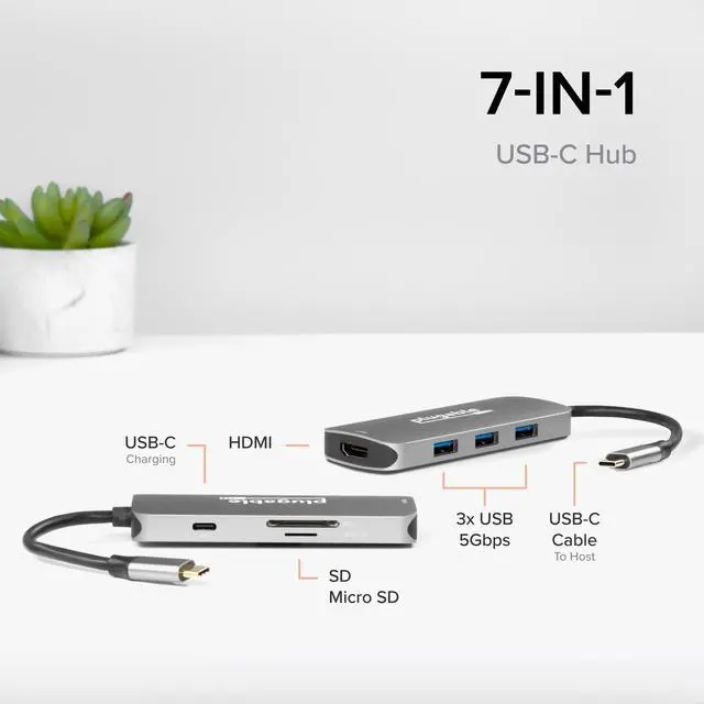 Alt view image 3 of 7 - Plugable USB-C Hub 7-in-1, Driverless USB C Hub Compatible with Mac, Windows, Chromebook, USB4, Thunderbolt 4, and More (4K HDMI, 3 USB 3.0, SD & microSD Card Reader, 100W Charging)