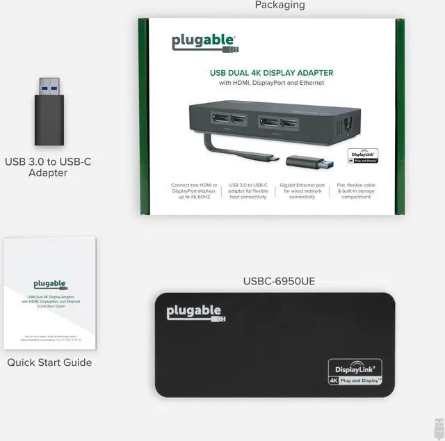 Alt view image 8 of 15 - Plugable 4K DisplayPort and HDMI Dual Monitor Adapter with Ethernet for USB 3.0 and USB-C, Compatible with Windows and Mac
