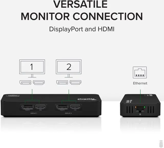 Alt view image 4 of 15 - Plugable 4K DisplayPort and HDMI Dual Monitor Adapter with Ethernet for USB 3.0 and USB-C, Compatible with Windows and Mac