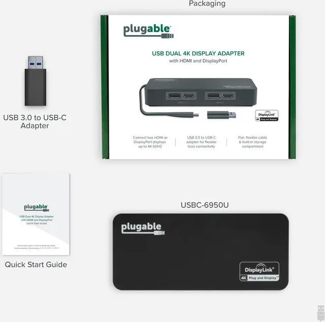 Alt view image 7 of 15 - Plugable 4K DisplayPort and HDMI Dual Monitor Adapter for USB 3.0 and USB-C, Compatible with Windows and Mac