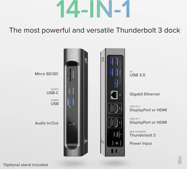 Alt view image 2 of 20 - Plugable 14-in-1 USB-C and Thunderbolt Dock - 40Gbps with 96W Charging, Compatible with Mac and Windows, 2x HDMI 2.0 and DisplayPort, 7x USB ports, Ethernet, Audio, SD/MicroSD, Driverless