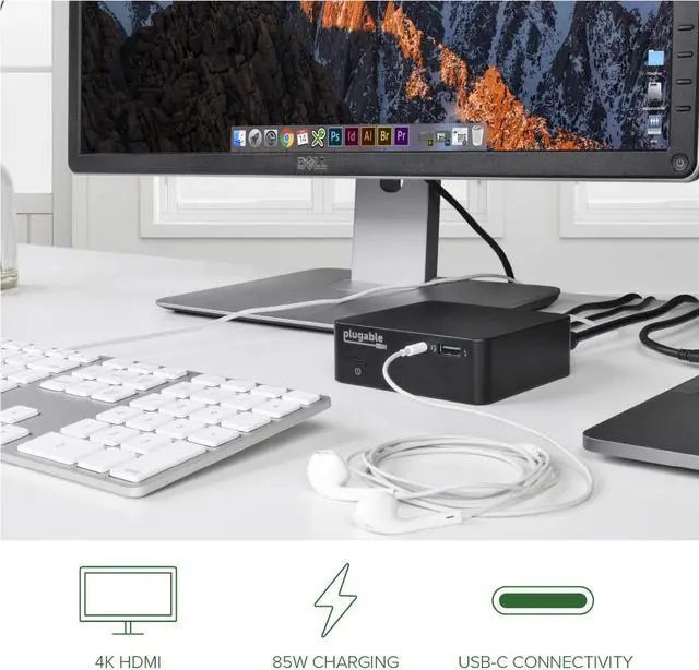 Alt view image 3 of 16 - Plugable USB C Dock with 85W Charging Compatible with Thunderbolt 3 and USB-C MacBooks and Select Windows Laptops (HDMI up to 4K@30Hz, Ethernet, 4X USB 3.0 Ports, USB-C PD, includes VESA Mount)