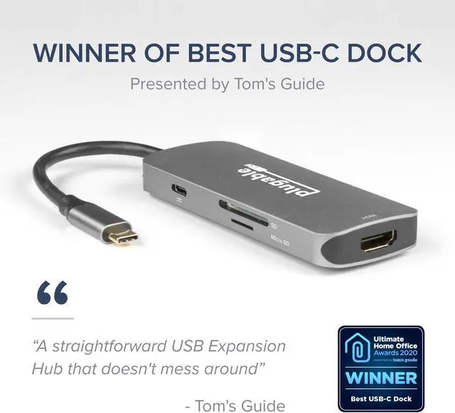 Alt view image 2 of 7 - Plugable USB-C Hub 7-in-1, Driverless USB C Hub Compatible with Mac, Windows, Chromebook, USB4, Thunderbolt 4, and More (4K HDMI, 3 USB 3.0, SD & microSD Card Reader, 100W Charging)