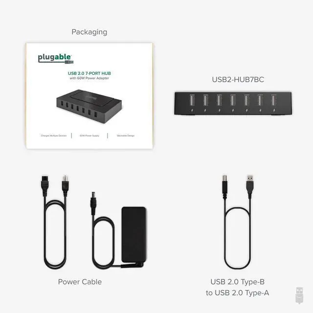 Alt view image 6 of 10 - 7 Port USB Hub - Plugable USB Hub for Multiple Devices and USB 2.0 Data Transfer with a 60W Power Adapter - Driverless