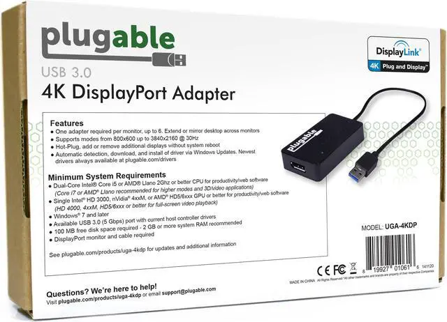 Alt view image 4 of 9 - Plugable USB 3.0 to DisplayPort 4K UHD Video Graphics Adapter for Multiple Monitors up to 3840x2160 Supports Windows 11,10, 8.1, 7, and macOS