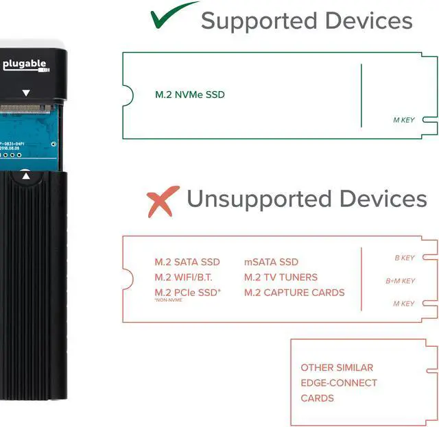 Alt view image 6 of 20 - Plugable USB C to M.2 NVMe Tool-free Driverless Enclosure, USB C and Thunderbolt 3, Up to USB 3.1 Gen 2 Speeds (10Gbps). Includes USB-C and USB 3.0 Cables (Supports M.2 NVMe SSDs 2280 2260 2242)