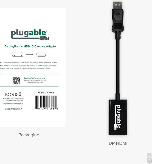 Alt view image 6 of 10 - Plugable Active DisplayPort to HDMI Adapter - Connect any DisplayPort-Enabled PC or Tablet to an HDMI Enabled Monitor, TV or Projector for Ultra-HD Video Streaming (HDMI 2.0 up to 4K 3840x2160 @60Hz)