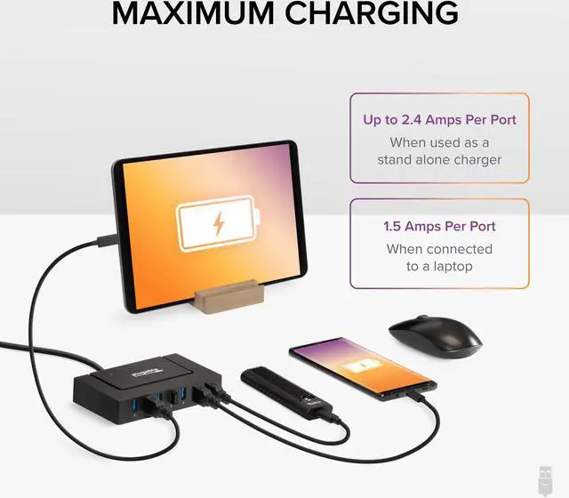 Alt view image 4 of 17 - Plugable 7-in-1 USB Powered Hub for Laptops with USB-C or USB 3.0 - USB Power Station for Multiple Devices and USB Data Transfer with a 60W Power Adapter, Driverless