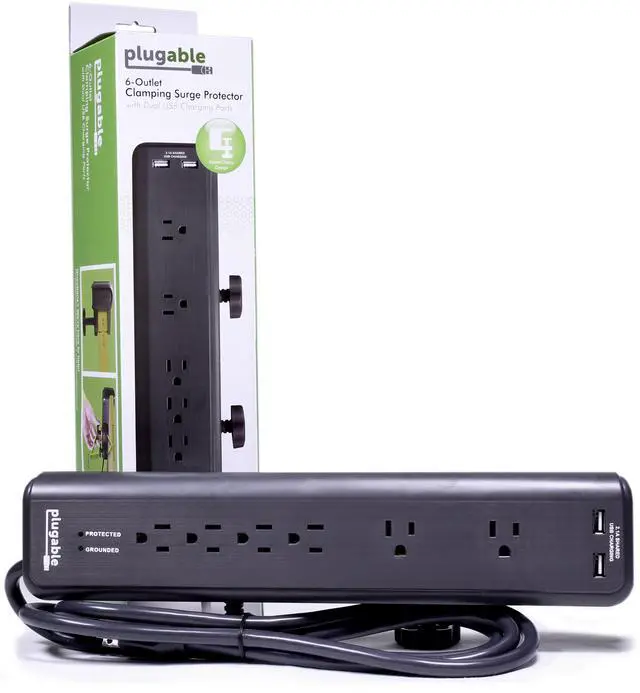 Alt view image 4 of 4 - Plugable 6 AC Outlet Surge Protector with Clamp Mount for Workbench or Desk. Built-In 10.5W 2-Port USB Power for Android, Apple iOS, and Windows Mobile Devices