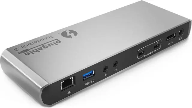 Main image of Plugable Thunderbolt 3 Dock, Enables Extra Displays, Wired Network, Audio, and More USB Ports, Compatible with Thunderbolt 3 Macs and PCs (4K DisplayPort or HDMI Display, No Host Charging)