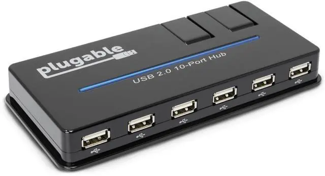 Alt view image 2 of 6 - Plugable USB Hub, 10 Port - USB 2.0 with 20W Power Adapter and Two Flip-Up Ports