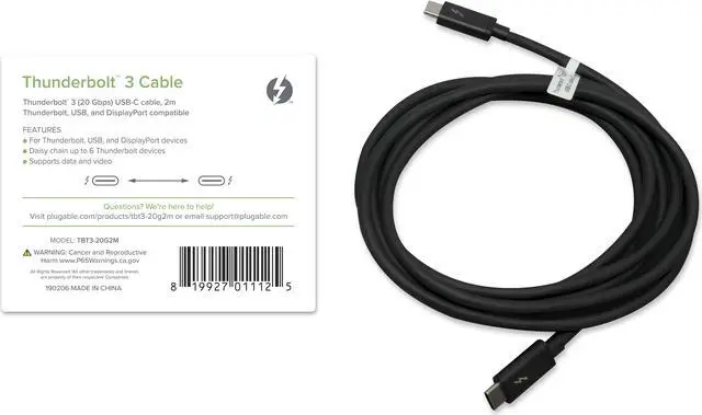 Alt view image 5 of 6 - Plugable Thunderbolt 3 Cable 20Gbps Supports 100W (20V, 5A) Charging, 6.6ft / 2m USB C Compatible [Thunderbolt 3 Certified]