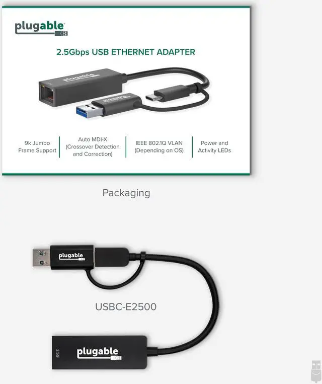 Alt view image 7 of 7 - Plugable 2.5G USB C and USB to Ethernet Adapter, 2-in-1 Adapter Compatible with USB-C Thunderbolt 3 or USB 3.0, USB-C to RJ45 2.5 Gigabit LAN Ethernet, Compatible with Mac and Windows
