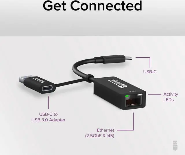 Alt view image 2 of 7 - Plugable 2.5G USB C and USB to Ethernet Adapter, 2-in-1 Adapter Compatible with USB-C Thunderbolt 3 or USB 3.0, USB-C to RJ45 2.5 Gigabit LAN Ethernet, Compatible with Mac and Windows