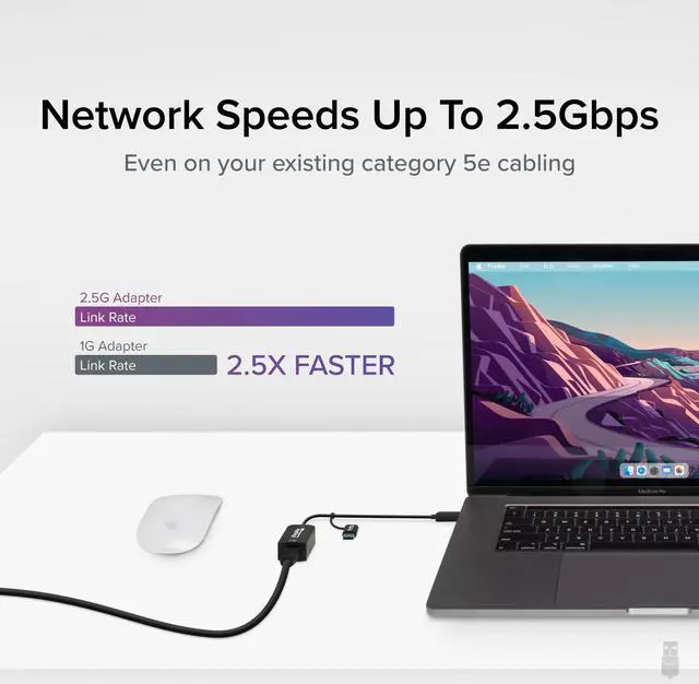 Alt view image 3 of 7 - Plugable 2.5G USB C and USB to Ethernet Adapter, 2-in-1 Adapter Compatible with USB-C Thunderbolt 3 or USB 3.0, USB-C to RJ45 2.5 Gigabit LAN Ethernet, Compatible with Mac and Windows