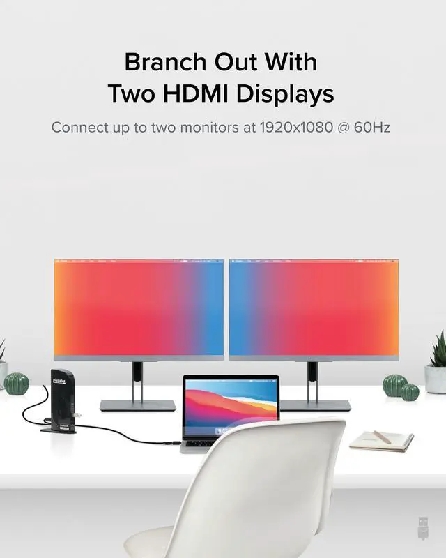 Alt view image 4 of 20 - Plugable Laptop Docking Station Dual Monitor for USB-C or USB 3.0, Compatible with Windows and Mac, (Dual HDMI, 6x USB Ports, Gigabit Ethernet, Audio)