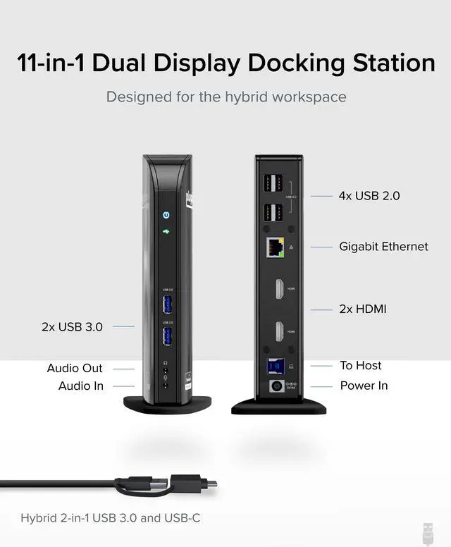 Alt view image 3 of 20 - Plugable Laptop Docking Station Dual Monitor for USB-C or USB 3.0, Compatible with Windows and Mac, (Dual HDMI, 6x USB Ports, Gigabit Ethernet, Audio)