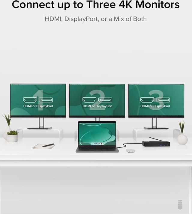 Alt view image 3 of 14 - Plugable USB C Triple 4K Display Docking Station with 60W PD, 3x HDMI or 3x DisplayPort, Compatible with Mac, Windows, Thunderbolt 3 & 4, USB4, USB-C (6x USB Ports, Ethernet)