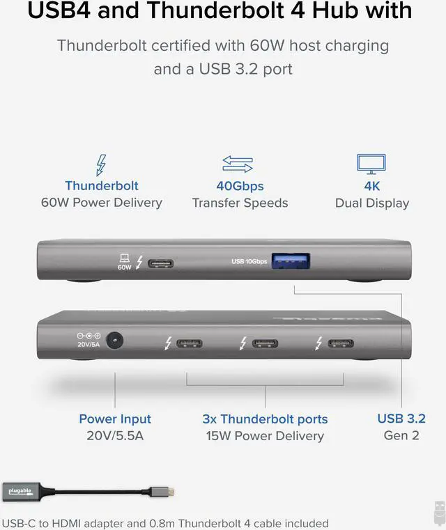 Alt view image 2 of 20 - Plugable 5-in-1 Thunderbolt 4 Hub with 60W Charging, Single 8K or Dual 4K Display, Compatible with Thunderbolt / USB4 Macs and Thunderbolt 4 / USB4 Windows (1x USB-C to HDMI Adapter), Driverless