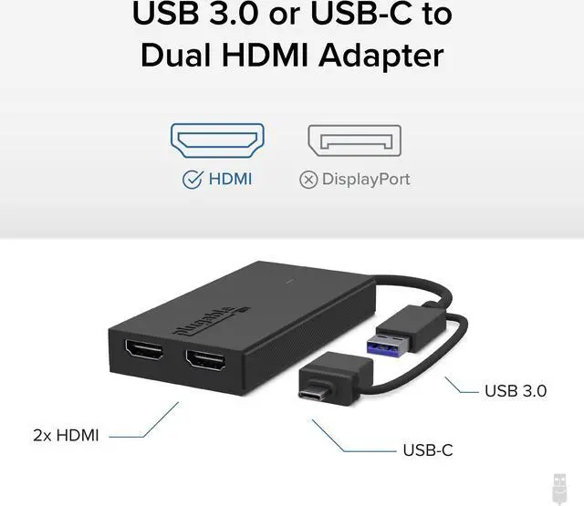Alt view image 2 of 19 - Plugable USB 3.0 or USB C to HDMI Adapter for Dual Monitors, Universal Video Graphics Adapter for Mac and Windows, Thunderbolt, USB 3.0 or USB-C
