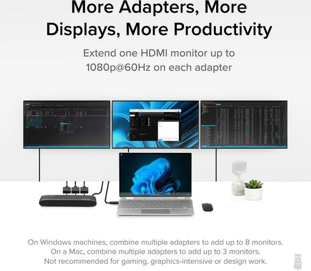 Alt view image 3 of 20 - Plugable USB C to HDMI Adapter, Universal Video Graphics Adapter for USB 3.0 and USB-C Macs and Windows, Extend an HDMI Monitor up to 1080p@60Hz