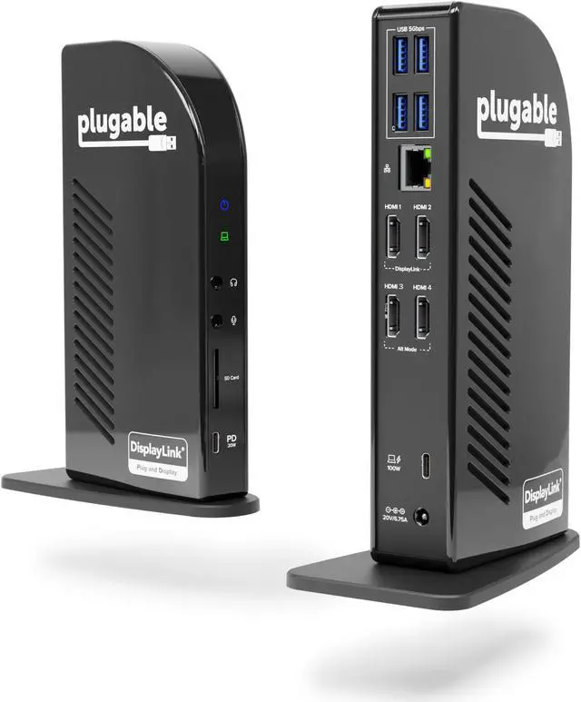 Main image of Plugable 14-in-1 USB C Docking Station with 4x HDMI, Quad Dock with 100W Charging, 4x HDMI Displays, Compatible with Windows, Thunderbolt, USB-C (4x USB, 1x USB-C, Ethernet, SD Card, Audio)