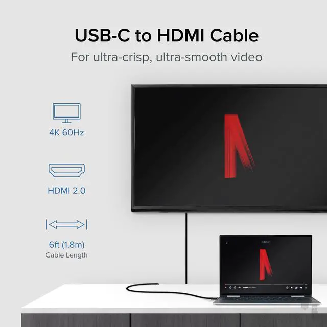 Alt view image 2 of 16 - Plugable USB C to HDMI Cable 6ft - Connect USB-C, Thunderbolt 3, Thunderbolt 4 or USB4 Laptops to HDMI Displays up to 4K@60Hz - Compatible with Mac and Windows, HDMI 2.0, 1.8m - Driverless
