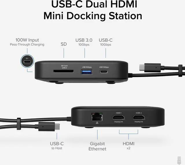 Alt view image 2 of 8 - Plugable USB C Docking Station Dual Monitor - Dual HDMI Dock is Compatible with Mac and Windows, USB4, Thunderbolt or USB-C, 100W Charging, 2x HDMI, 1x USB-C, 1Gbps Ethernet, 1x USB 3.0, 1x SD Card