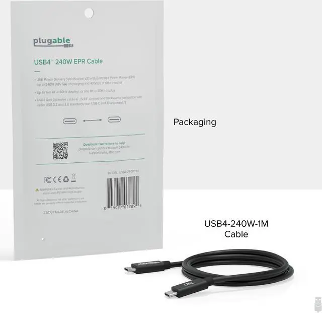 Alt view image 7 of 7 - Plugable USB4 Cable with 240W Charging, 3.3 Feet (1M), USB-IF Certified, 1x 8K Display, 40 Gbps, Compatible with USB 4, Thunderbolt 4, Thunderbolt 3, USB-C