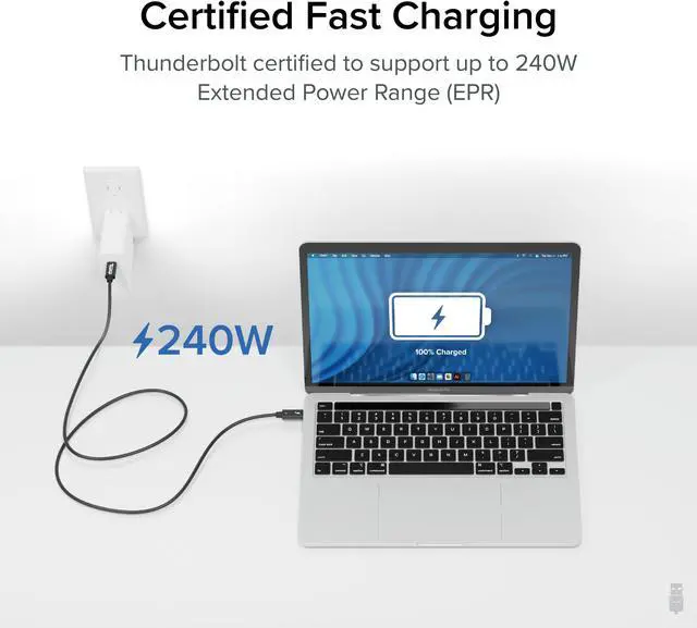 Alt view image 2 of 7 - Plugable Thunderbolt 4 Cable with 240W Charging, Thunderbolt Certified, 3.3 Feet (1M),1x 8K Display, 40 Gbps, Compatible with USB4, Thunderbolt 3, USBC