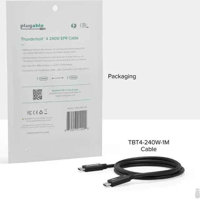Alt view image 7 of 7 - Plugable Thunderbolt 4 Cable with 240W Charging, Thunderbolt Certified, 3.3 Feet (1M),1x 8K Display, 40 Gbps, Compatible with USB4, Thunderbolt 3, USBC