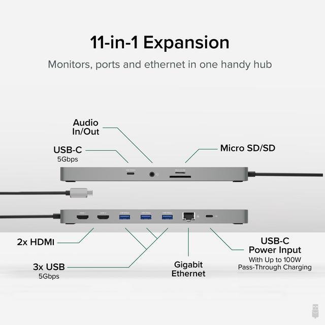 Alt view image 2 of 15 - Plugable 11-in-1 USB-C Docking Station, 100W Pass-through Charging, Dual Monitor with 4K 60Hz HDMI, Compatible with Thunderbolt, USB-C Windows, Chromebooks, Displays Mirrored on Mac