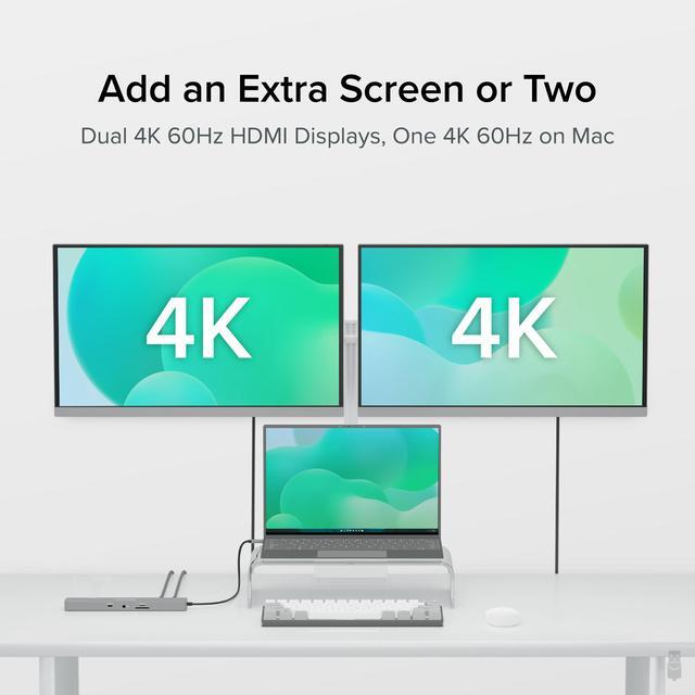 Alt view image 3 of 15 - Plugable 11-in-1 USB-C Docking Station, 100W Pass-through Charging, Dual Monitor with 4K 60Hz HDMI, Compatible with Thunderbolt, USB-C Windows, Chromebooks, Displays Mirrored on Mac